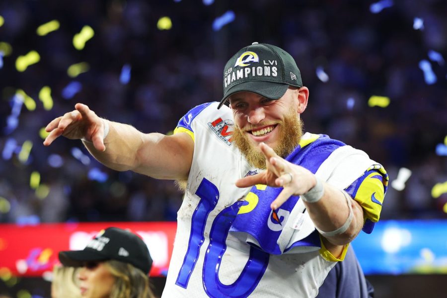 Los Angeles Rams wide receiver, and Super Bowl MVP, Cooper Kupp, celebrates 23-20 Super Bowl win over the Cincinnati Bengals. 