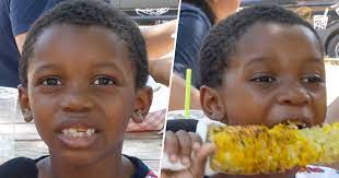 Left: Tariq talking about corn in the original interview. Right: Tariq eating corn on the cob.