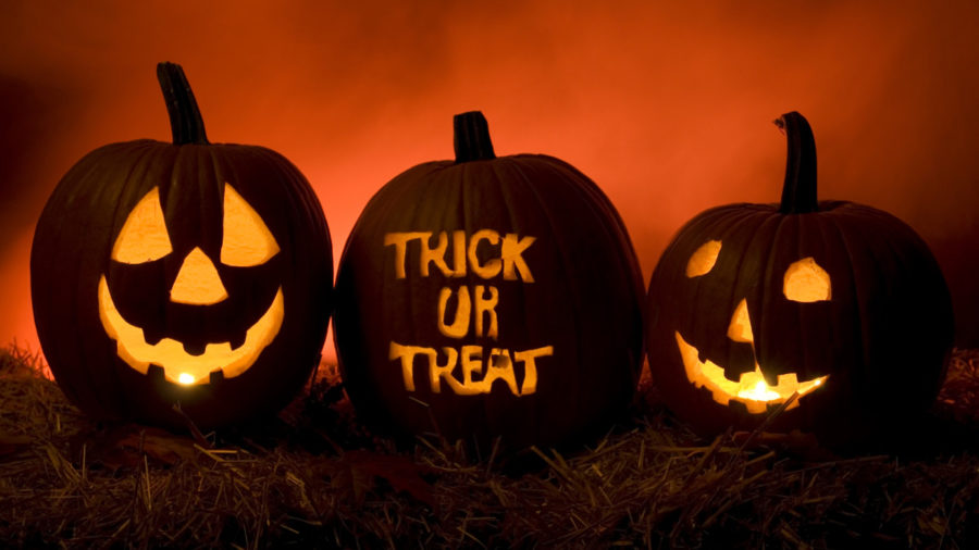 Pictures of carved pumpkins with one that says Trick or Treat 