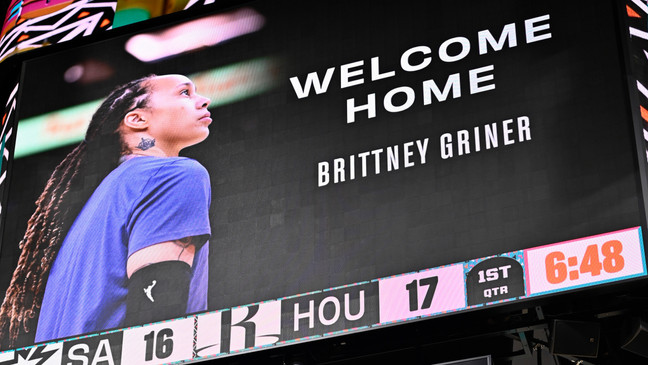 Graphic showed on the scoreboard during NBA basketball game between Huston Rockets and San Antonio Spurs, Thursday, December 8, 2022, to welcome Griner back to the United States.