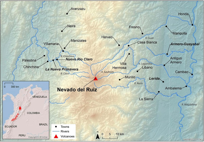 Nearby towns that could be affected by Nevado del Ruiz erupting. 
