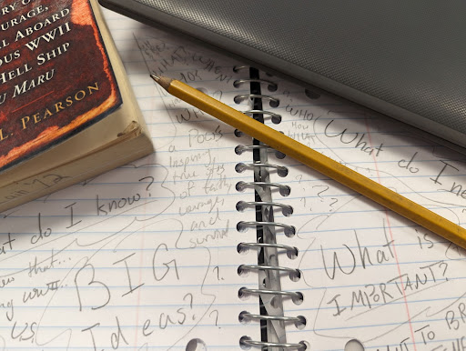 A picture of a book, laptop, and pencil on top of a notebook filled with questions for the self-questioning studying strategy.