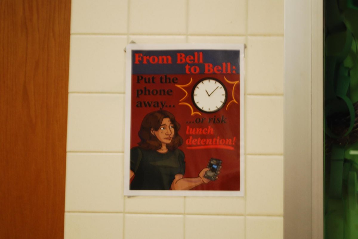 Poster showcasing the new policy of, "bell to bell," phone use.