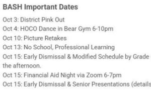 Upcoming Important dates for October at BASH.