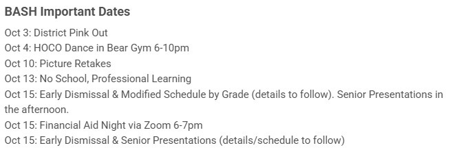 Upcoming Important dates for October at BASH.