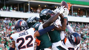 Philadelphia Eagles wide receiver Devonta Smith (6) or Philadelphia Eagles wide receiver A.J. Brown (11) cannot haul in a touchdown catch during an NFL football game against the Denver Broncos, Sunday, Oct. 5, 2025, in Philadelphia. (AP Photo/Daniel Kucin Jr.)