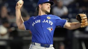 Trey Yesavage pitching in his MLB debut.