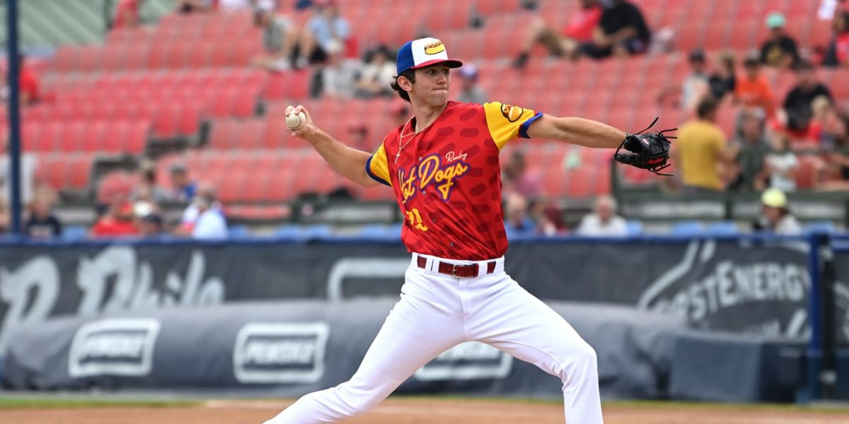 Reading Phillies pitcher wearing the Hot Dog uniform.