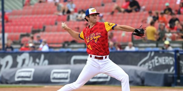 Reading Phillies pitcher wearing the Hot Dog uniform.